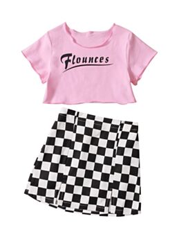 2 Pieces Kid Girl Flounce Print Cropped Top With Plaid Skirt Set