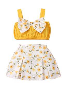 Two Pieces Kid Girl Bowknot Front Cami Crop Top And Floral Print Skirt Set