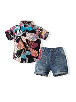 Wholesale Boys Clothing Set  Leaves Print Bowtie Shirt And Denim Shorts 
