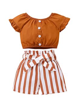Two Pieces Kid Girl Button Decor Top With Striped Belted Shorts Set