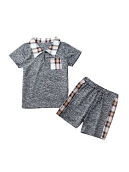 Two Pieces Kid Boy Plaid Trim Polo Shirt And Shorts Set