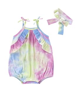 Two Pieces Baby Girl Tie Dye Ruffle Decor Ribbed Cami Bodysuit And Headband