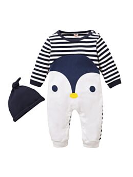 Two Pieces Infant Penguin Stripe Jumpsuit And Hat 