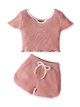 Two Pieces Kid Girl Solid Color Ribbed Set Notched Top And Shorts 