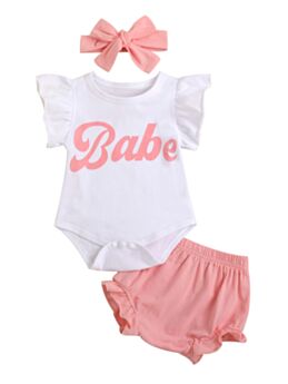 Three Pieces Baby Girl Babe Print Bodysuit And Solid Color Shorts And Headband Set 