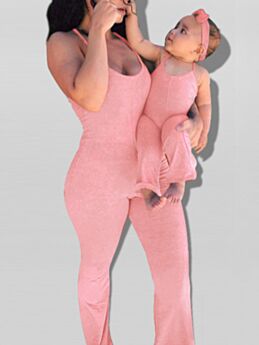 Mommy And Me Solid Color Halter Neck Jumpsuit And Headband