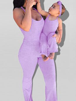 Mommy And Me Solid Color Halter Neck Jumpsuit And Headband