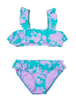 Girls Flower Printed Bikini Beachwear Cyan
