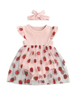Newborn Infant Strawberry Ribbed Mesh Ruffle Sleeve Bodysuit Dress Wholesale Baby Clothes