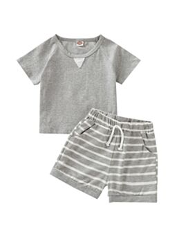 Two Pieces Toddler Boy Top With Stripe Shorts Set