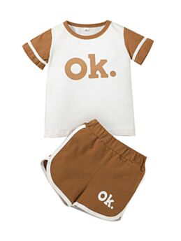 Two Pieces Toddler Ok Print Top With Shorts Set Brown