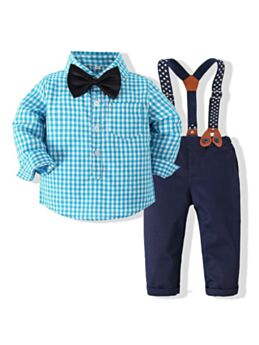 Two-Piece Plaid Shirt And Solid Color Overalls With Bow Tie Wholesale Baby Sets 210527526