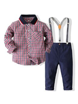 Two-Piece Plaid Shirt And Solid Color Overalls Wholesale Baby Sets 210527674