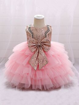 Sequin Bow Decor Tiered Layer Mesh  Girl Partywear Dress 210529379