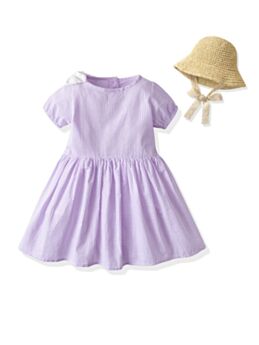 Kid Girl Puff Sleeve Ruffle Hem Dress And Hat Purple