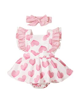 Two Pieces Baby Girl Printed Ruffle Trim Bodysuit Dress With Headband 21053047
