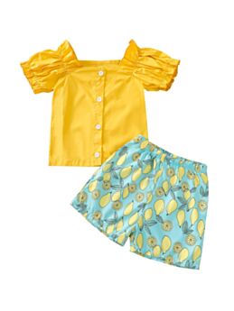 2 Pieces Kid Girl Plain Off Shoulder Button Top With Printed Shorts Set Yellow
