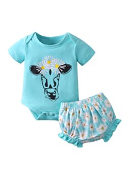 Two Pieces Baby Girl Cow Flower Pattern Set Bodysuit With Shorts 21062010