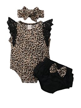 Three Pieces Baby Girl Set Leopard Print Bodysuit Bow Decor Shorts Headband 21060683