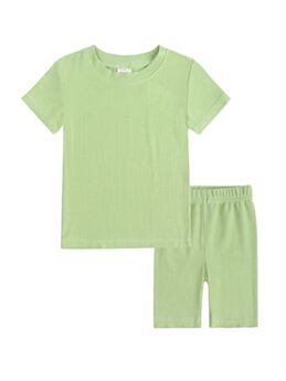 Mommy And Me Solid Color Ribbed Top And Short Set Green