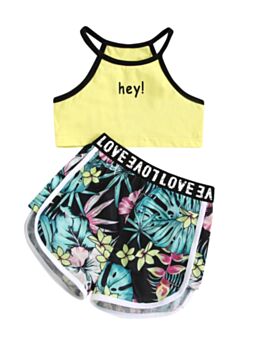 2-Piece Girl Tracksuit Set Hey Leaves  Print Top And Shorts 佛山佳柚