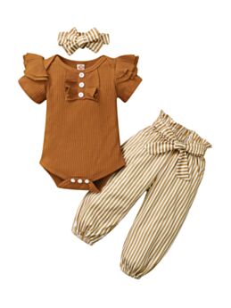 Three Pieces Baby Girl Clothing Sets Ribbed Flutter Sleeve Bodysuit & Stripe Pants & Headband 210613692