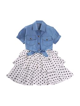 Two Pieces Girls Sets Denim Shirt And Polka Dots Print Tiered Layered Cami Dress 210618174