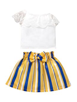 2-Piece Baby Girl Outfit Sets Ruffled Top Matching Stripe Bow Skirt 21062082