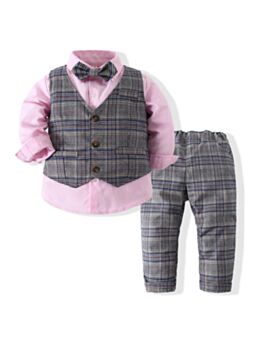 Checked Boys Suit Sets Vest Bowtie Shirt Pants 210623007