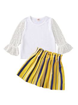 Two Pieces Striped Print Kid Girl Girl Outfit Sets Lace Flared Sleeves Top And Skirt 210628964