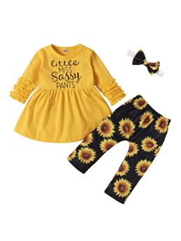 Three Pieces Sunflower Little Miss Sassy Pants Print Girls Sets Tunic Top Pants Headband 210629200