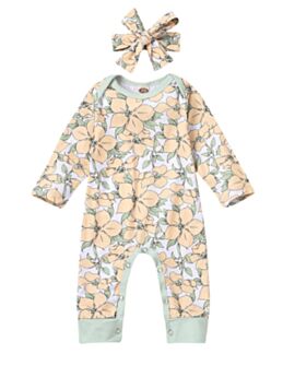 Flower Print Baby Girl Jumpsuit With Headband 210630202