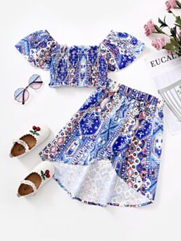 Two Pieces Boho Print Girls Outfits Sets Off Shoulder Top With Hi Lo Hem Skirt 210705651
