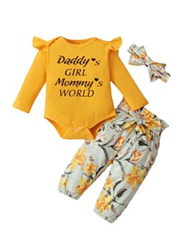 Three Pieces Baby Girl Outfit Sets Daddy's Girl Mommy's World Floral Print Bodysuit & Pants & Headband 21071198