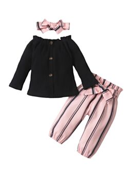 Three Pieces Baby Girl Outfit Sets  Ribbed Button Trim Bodysuit & Striped Pants & Headband 21071123