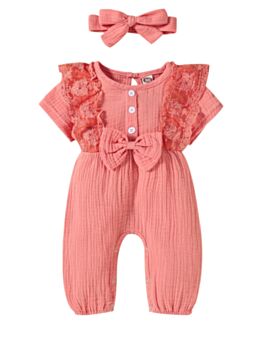 Solid Color Muslin Lace Trim Bow Baby Girl Jumpsuit And Headband