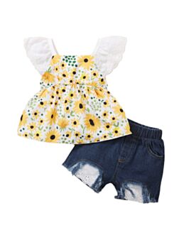 Girls 2 Piece Outfit Sunflower Fruit Print Top And Ripped Eyelet Trim Denim Shorts 21071181