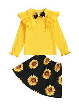Two Pieces Ribbed Sunflower Print Baby Girls Sets Ruffle Trim Bow Top And Skirt 21071823
