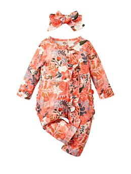 Floral Print Ruffle Trim Zipper Baby Girl Jumpsuit With Headband 210721042