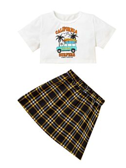 Two Pieces Girls Sets California Graphic T Shirt With Checked Skirt 21072503