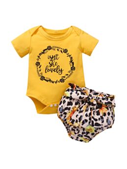 Two Pieces Isn't She Lovely Sunflower Leopard Printed Baby Girls Sets Bodysuit And Shorts 21072545
