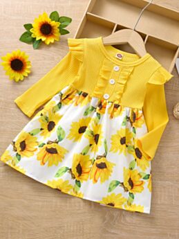 Flower Print Ruffle Ribbed Dresses For Girls 210727265