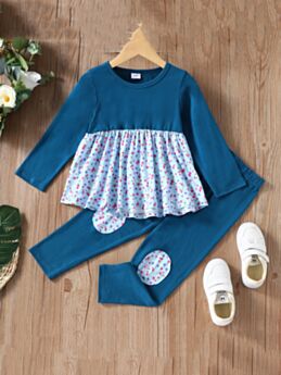 Two Pieces Floral Print Stitching Kid Girls Outfits Sets Dress And Pants 210730500