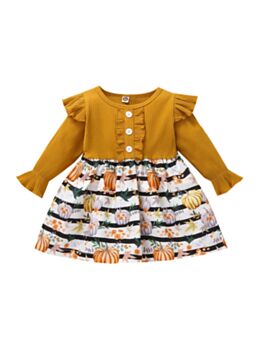 Ribbed Pumpkin Print Halloween Dresses For Girl 210730747