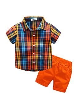 Two Pieces Checked Print Set Shirt & Short Wholesale Boys Boutique Clothing 210807072