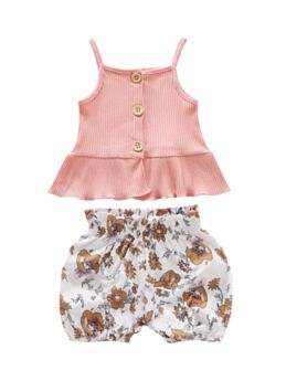 Flower Print Ribbed Button Cami Top Matching Short Girls Sets 210812324