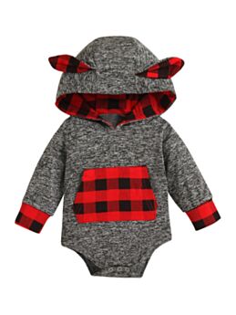Baby Checked Ears Hooded Bodysuit Wholesale Baby Clothing 210814539