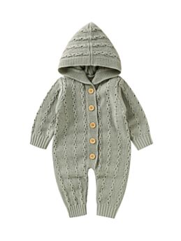 Plain Knitted Button Up Hooded Baby Jumpsuit 21081504