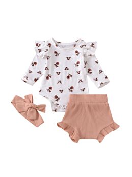 Wholesale Baby Clothing Sets Floral Flutter Sleeve Bodysuit & Ribbed Short & Headband 210816600