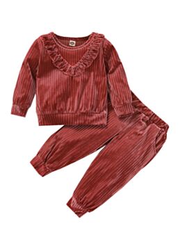 Wine red Velvet Ruffle Trim Baby Girl Outfits Sets Wholesale Baby Clothes 210817676